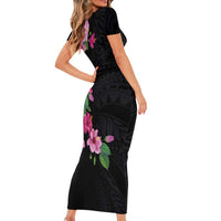 Hawaiian Hibiscus and Art Polynesian Tattoo Family Matching Short Sleeve Bodycon Dress and Hawaiian Shirt Black Color LT03 - Polynesian Pride