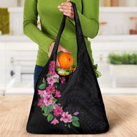 Hawaiian Hibiscus and Art Polynesian Tattoo Grocery Bag Black Color