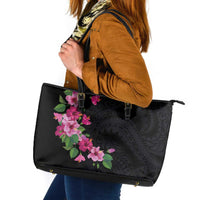 Hawaiian Hibiscus and Art Polynesian Tattoo Leather Tote Bag Black Color LT03 Black - Polynesian Pride