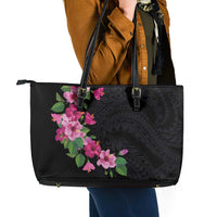 Hawaiian Hibiscus and Art Polynesian Tattoo Leather Tote Bag Black Color LT03 - Polynesian Pride