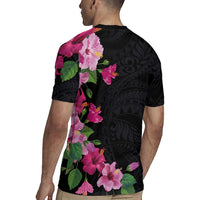 Hawaiian Hibiscus and Art Polynesian Tattoo Rugby Jersey Black Color
