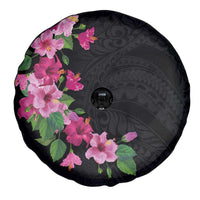 Hawaiian Hibiscus and Art Polynesian Tattoo Spare Tire Cover Black Color