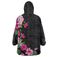 Hawaiian Hibiscus and Art Polynesian Tattoo Wearable Blanket Hoodie Black Color