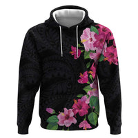 Hawaiian Hibiscus and Art Polynesian Tattoo Zip Hoodie Black Color