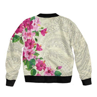 Hawaiian Hibiscus and Art Polynesian Tattoo Bomber Jacket Beige Color