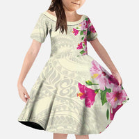 Hawaiian Hibiscus and Art Polynesian Tattoo Family Matching Short Sleeve Bodycon Dress and Hawaiian Shirt Beige Color LT03 Daughter's Dress Beige - Polynesian Pride
