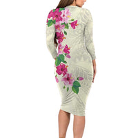 Hawaiian Hibiscus and Art Polynesian Tattoo Long Sleeve Bodycon Dress Beige Color