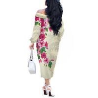 Hawaiian Hibiscus and Art Polynesian Tattoo Off The Shoulder Long Sleeve Dress Beige Color