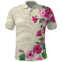 Hawaiian Hibiscus and Art Polynesian Tattoo Polo Shirt Beige Color