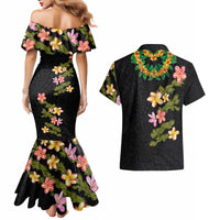 Hawaiian Lei Plumeria and Tropical Leaves Couples Matching Mermaid Dress and Hawaiian Shirt Watercolor Style