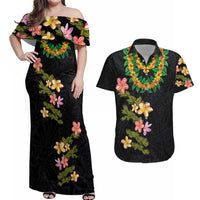 Hawaiian Lei Plumeria and Tropical Leaves Couples Matching Off Shoulder Maxi Dress and Hawaiian Shirt Watercolor Style