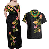 Hawaiian Lei Plumeria and Tropical Leaves Couples Matching Off Shoulder Maxi Dress and Hawaiian Shirt Watercolor Style