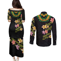 Hawaiian Lei Plumeria and Tropical Leaves Couples Matching Puletasi and Long Sleeve Button Shirt Watercolor Style
