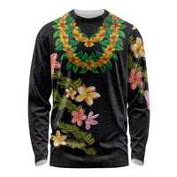 Hawaiian Lei Plumeria and Tropical Leaves Long Sleeve Shirt Watercolor Style