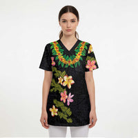 Hawaiian Lei Plumeria and Tropical Leaves Scrub Top Watercolor Style - Polynesian Pride