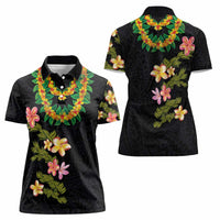 Hawaiian Lei Plumeria and Tropical Leaves Women Polo Shirt Watercolor Style