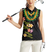 Hawaiian Lei Plumeria and Tropical Leaves Women Sleeveless Polo Shirt Watercolor Style
