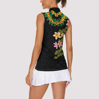 Hawaiian Lei Plumeria and Tropical Leaves Women Sleeveless Polo Shirt Watercolor Style