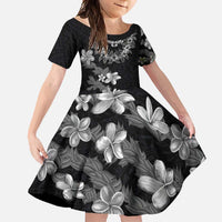 Hawaiian Lei Plumeria and Tropical Leaves Family Matching Long Sleeve Bodycon Dress and Hawaiian Shirt Watercolor Style-Grayscale