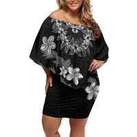 Hawaiian Lei Plumeria and Tropical Leaves Family Matching Off Shoulder Short Dress and Hawaiian Shirt Watercolor Style-Grayscale