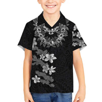 Hawaiian Lei Plumeria and Tropical Leaves Kid Hawaiian Shirt Watercolor Style-Grayscale LT03 Kid Black - Polynesian Pride