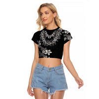 Hawaiian Lei Plumeria and Tropical Leaves Raglan Cropped T Shirt Watercolor Style-Grayscale