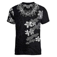 Hawaiian Lei Plumeria and Tropical Leaves Women V-Neck T-Shirt Watercolor Style-Grayscale