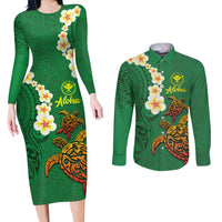 Hawaii Turtle Plumeria Flower Couples Matching Long Sleeve Bodycon Dress and Long Sleeve Button Shirt Polynesian Pattern Green Color LT03 Green - Polynesian Pride
