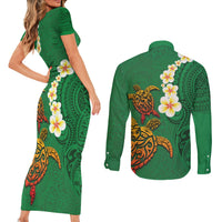 Hawaii Turtle Plumeria Flower Couples Matching Short Sleeve Bodycon Dress and Long Sleeve Button Shirt Polynesian Pattern Green Color