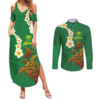 Hawaii Turtle Plumeria Flower Couples Matching Summer Maxi Dress and Long Sleeve Button Shirt Polynesian Pattern Green Color