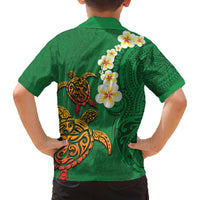 Hawaii Turtle Plumeria Flower Family Matching Off Shoulder Short Dress and Hawaiian Shirt Polynesian Pattern Green Color