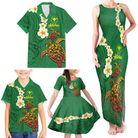Hawaii Turtle Plumeria Flower Family Matching Tank Maxi Dress and Hawaiian Shirt Polynesian Pattern Green Color