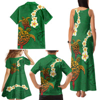 Hawaii Turtle Plumeria Flower Family Matching Tank Maxi Dress and Hawaiian Shirt Polynesian Pattern Green Color
