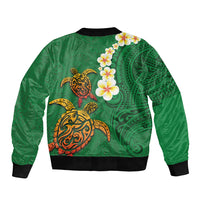 Hawaii Turtle Plumeria Flower Sleeve Zip Bomber Jacket Polynesian Pattern Green Color