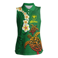 Hawaii Turtle Plumeria Flower Women Sleeveless Polo Shirt Polynesian Pattern Green Color
