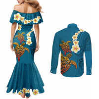 Hawaii Turtle Plumeria Flower Couples Matching Mermaid Dress and Long Sleeve Button Shirt Polynesian Pattern Blue Color
