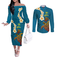 Hawaii Turtle Plumeria Flower Couples Matching Off The Shoulder Long Sleeve Dress and Long Sleeve Button Shirt Polynesian Pattern Blue Color