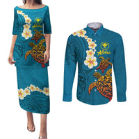 Hawaii Turtle Plumeria Flower Couples Matching Puletasi and Long Sleeve Button Shirt Polynesian Pattern Blue Color