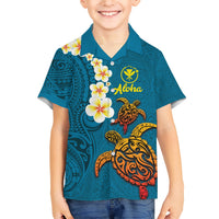 Hawaii Turtle Plumeria Flower Family Matching Short Sleeve Bodycon Dress and Hawaiian Shirt Polynesian Pattern Blue Color