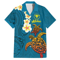 Hawaii Turtle Plumeria Flower Family Matching Tank Maxi Dress and Hawaiian Shirt Polynesian Pattern Blue Color