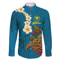 Hawaii Turtle Plumeria Flower Family Matching Tank Maxi Dress and Hawaiian Shirt Polynesian Pattern Blue Color
