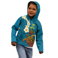 Hawaii Turtle Plumeria Flower Kid Hoodie Polynesian Pattern Blue Color