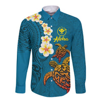 Hawaii Turtle Plumeria Flower Long Sleeve Button Shirt Polynesian Pattern Blue Color