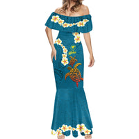 Hawaii Turtle Plumeria Flower Mermaid Dress Polynesian Pattern Blue Color