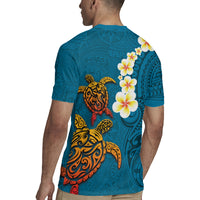 Hawaii Turtle Plumeria Flower Rugby Jersey Polynesian Pattern Blue Color