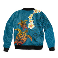 Hawaii Turtle Plumeria Flower Sleeve Zip Bomber Jacket Polynesian Pattern Blue Color