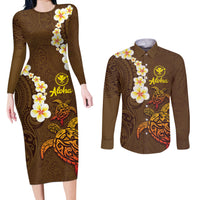 Hawaii Turtle Plumeria Flower Couples Matching Long Sleeve Bodycon Dress and Long Sleeve Button Shirt Polynesian Pattern Brown Color