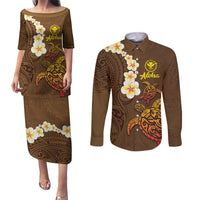 Hawaii Turtle Plumeria Flower Couples Matching Puletasi and Long Sleeve Button Shirt Polynesian Pattern Brown Color