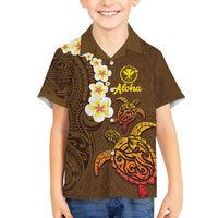 Hawaii Turtle Plumeria Flower Family Matching Off Shoulder Short Dress and Hawaiian Shirt Polynesian Pattern Brown Color
