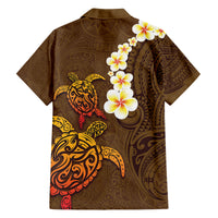 Hawaii Turtle Plumeria Flower Family Matching Tank Maxi Dress and Hawaiian Shirt Polynesian Pattern Brown Color